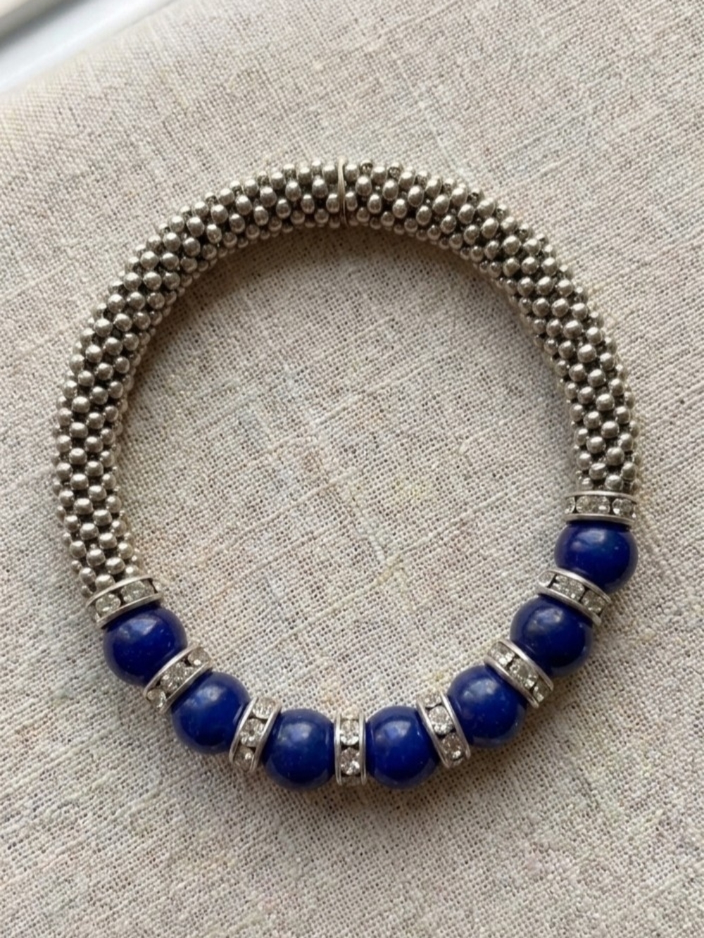 Vintage Cobalt Blue & Silver Stretch Beaded Bracelet | Easy Fit Stacking Piece